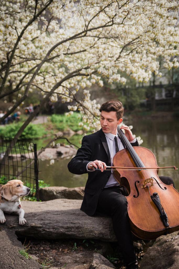 Cellist Samuel with beagle in Central Park - Kiral Artists freire photo 