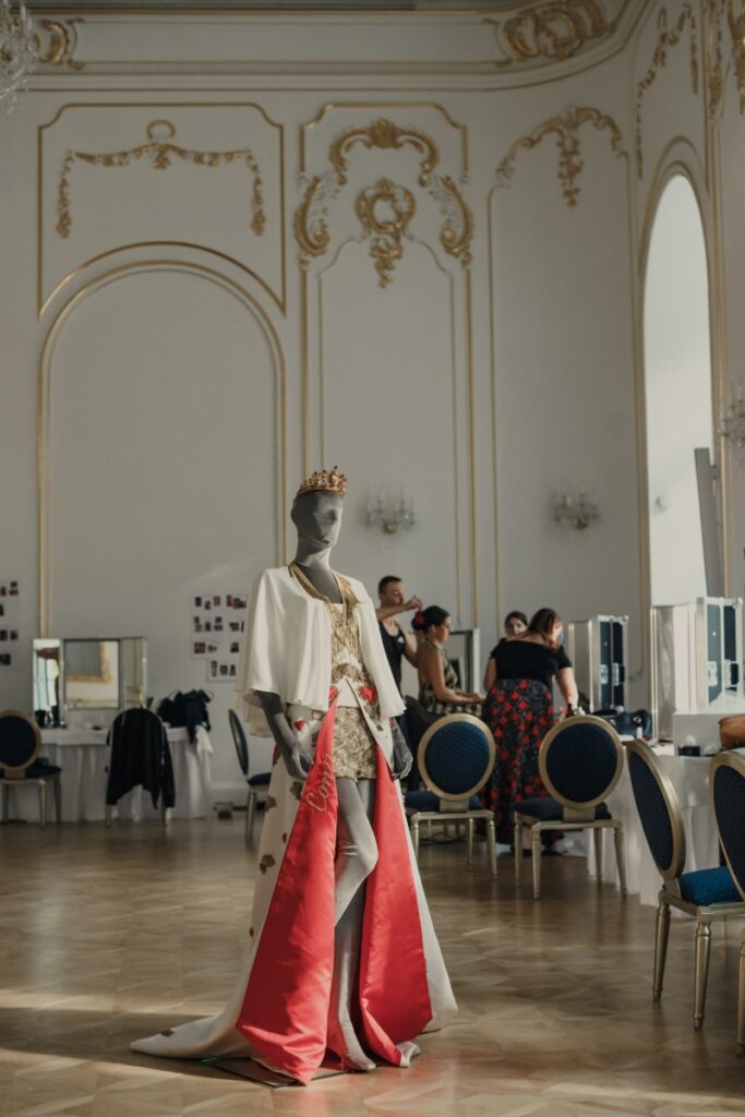 Welcome party dress by Boris Hanecka, Slovak wedding designer at destination castle wedding in Pezinok